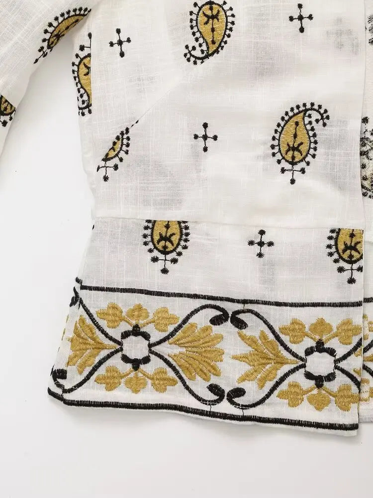 Vintage Women Embroidered Cardigan Coat and Wide Leg Trousers 2 Piece Outfit Set