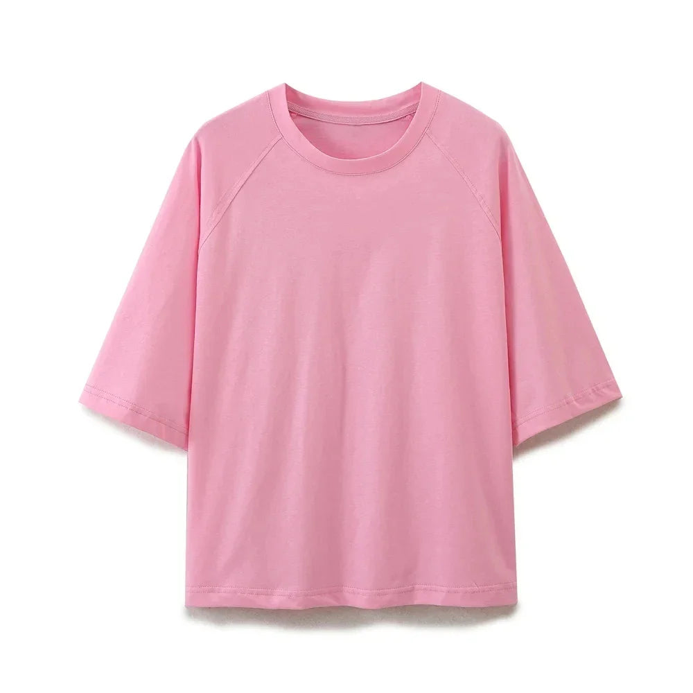 Women's Solid Casual Trouser Set with Short Sleeve T-Shirt and Elastic Waist Wide Leg Pants