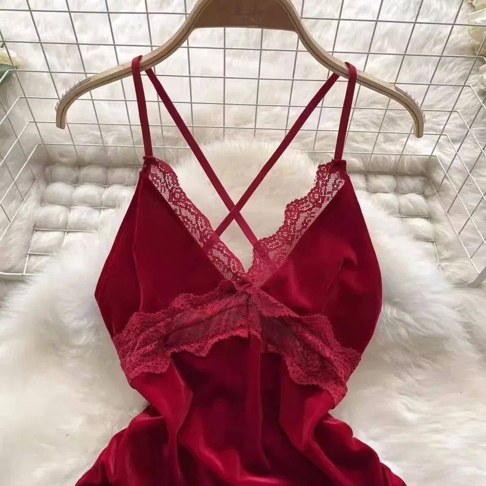 Golden Velvet Backless Lingerie With Lace Trim Sleep Dress