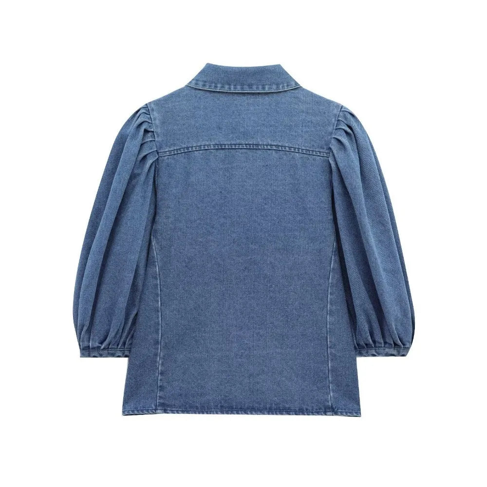 Women's Denim Cropped Shirt with Vintage Loose Lapel Puff Sleeves Single-Breasted Solid Color Blouse Chic Spring Summer Top