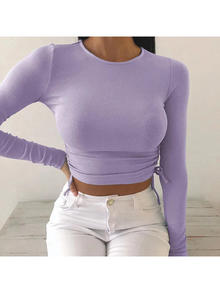 Sexy O-Neck Long Sleeve Bodycon Cropped Top with Irregular Drawstring Bandage Design for Women