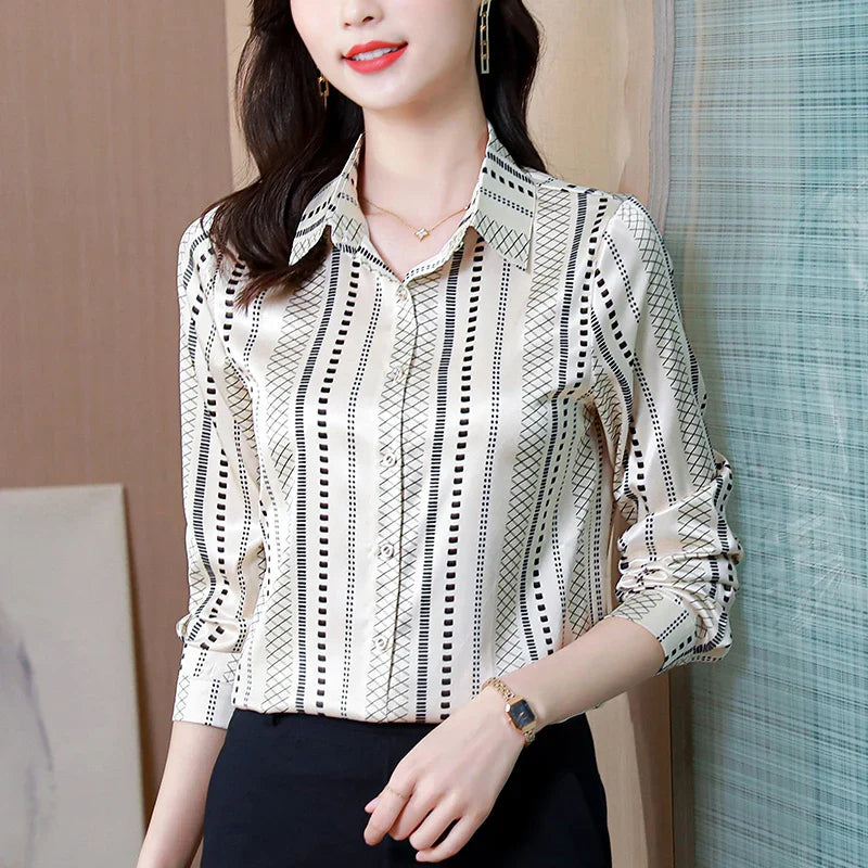 Elegant Satin Women Blouse Long Sleeve Button Up Shirt Vintage Office Lady Print Top