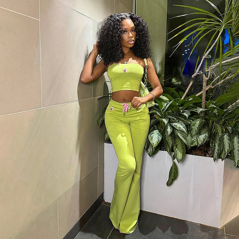 Embroidered Flower Tube Top and High Waist Casual Drawstring Pant Two-Piece Set