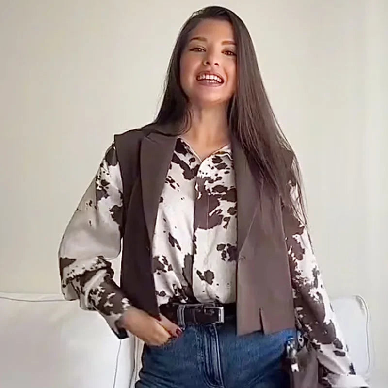 Women's Animal Print Satin Oversized Long Sleeve Blouse Chic Tie Dye Button Up Shirt for Spring