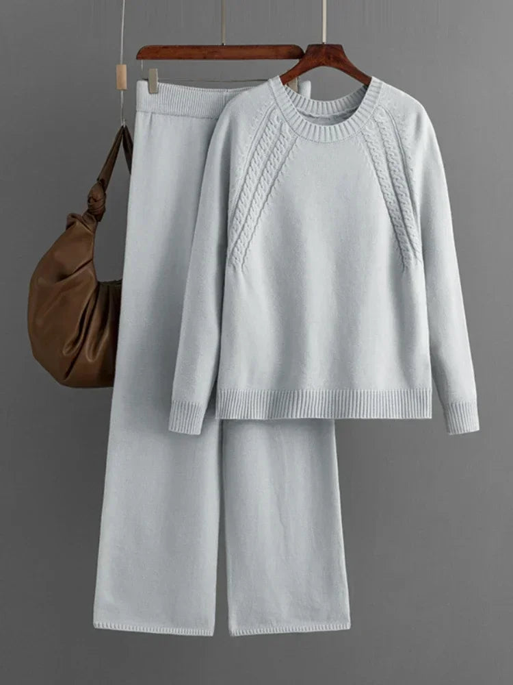 Casual Knitted Two Piece Set for Women Featuring Loose Sweater and Wide Leg Pants