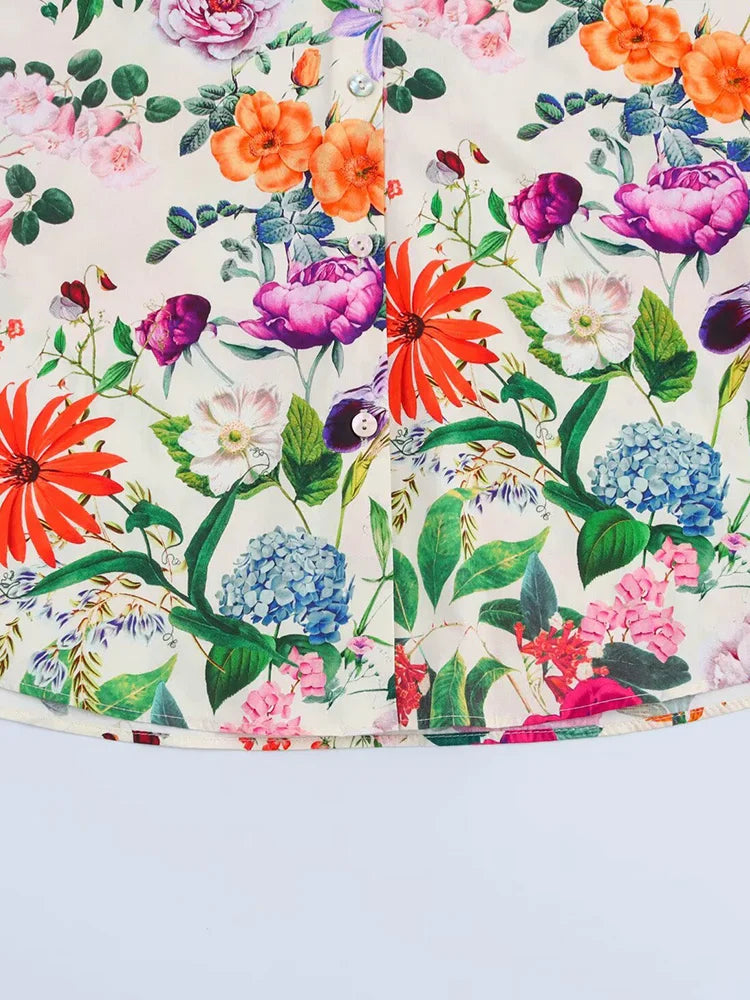 Women Vintage Floral Print V-Neck Poplin Blouse Elegant Summer Shirt for Casual and Streetwear