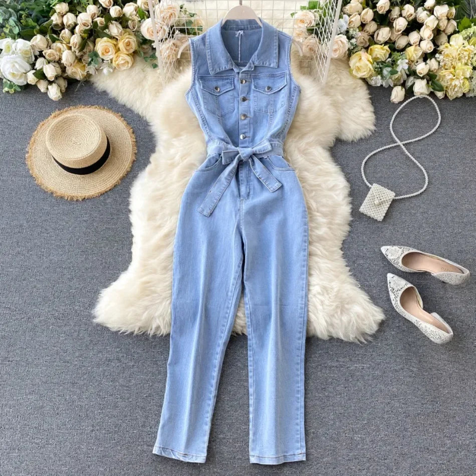 Sleeveless Denim Jumpsuit with Turn-Down Collar and Single Breasted Pockets Casual Summer Jean Outfit for Women with Stylish Sash Belt