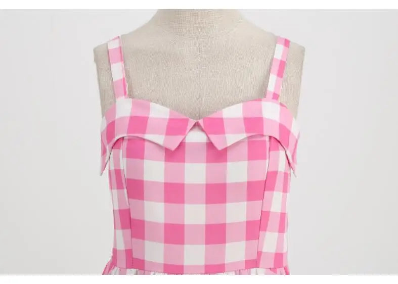 Pink Plaid Suspender Dress High Waisted Party Gown Chic