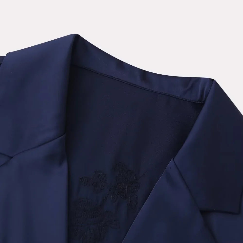 Women's Casual Polo Collar Long Sleeved Sequin Satin Kimono Coat and Bead Pants Set