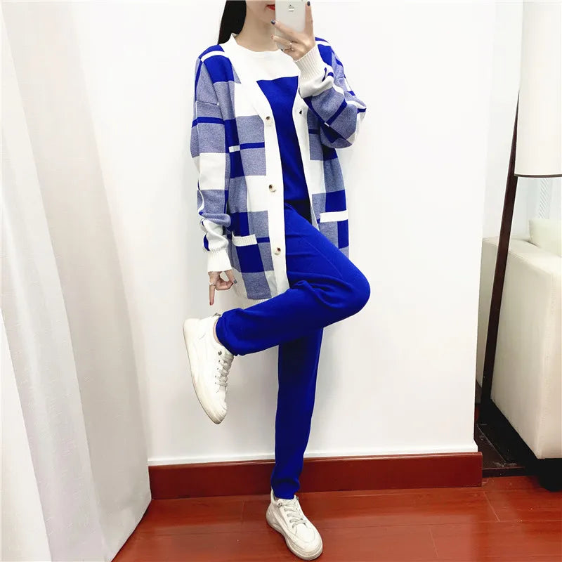 Autumn Winter Women's Plaid Knit Cardigan Tracksuit Set with Short Sleeve Top and Solid Harem Pants 3 Piece Cozy Sweater Coat Ensemble