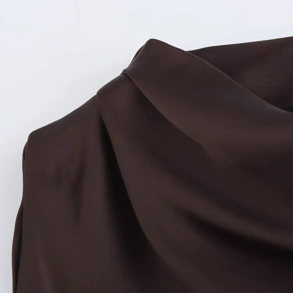 Elegant Satin Belt Midi Dress For Women Vintage Brown