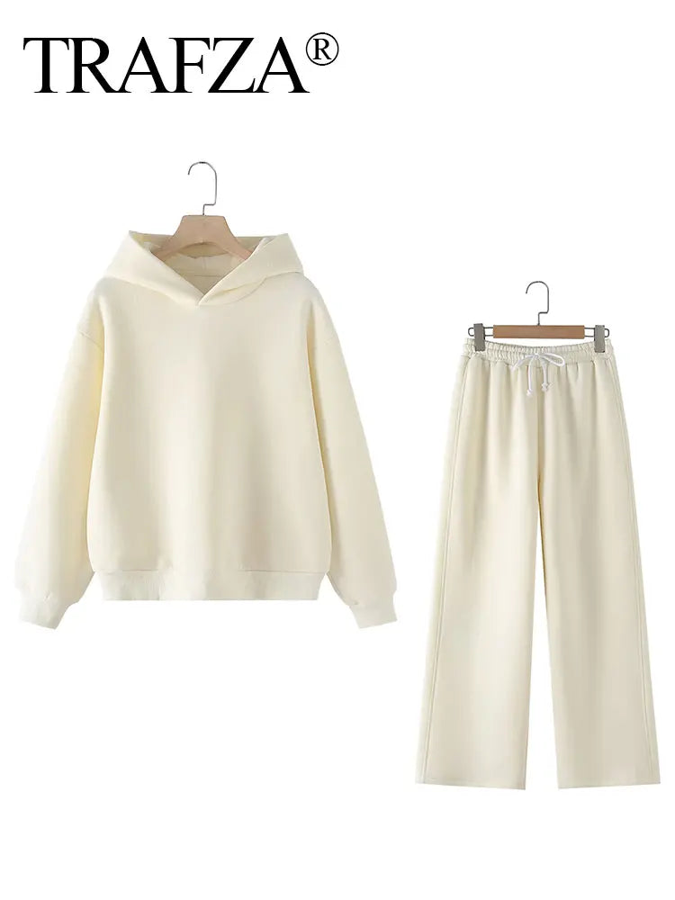 Women's Fleece Coat and Pant Set with Long Sleeve Hooded Sweatshirt and Casual Drawstring Trousers for Office and Everyday Wear