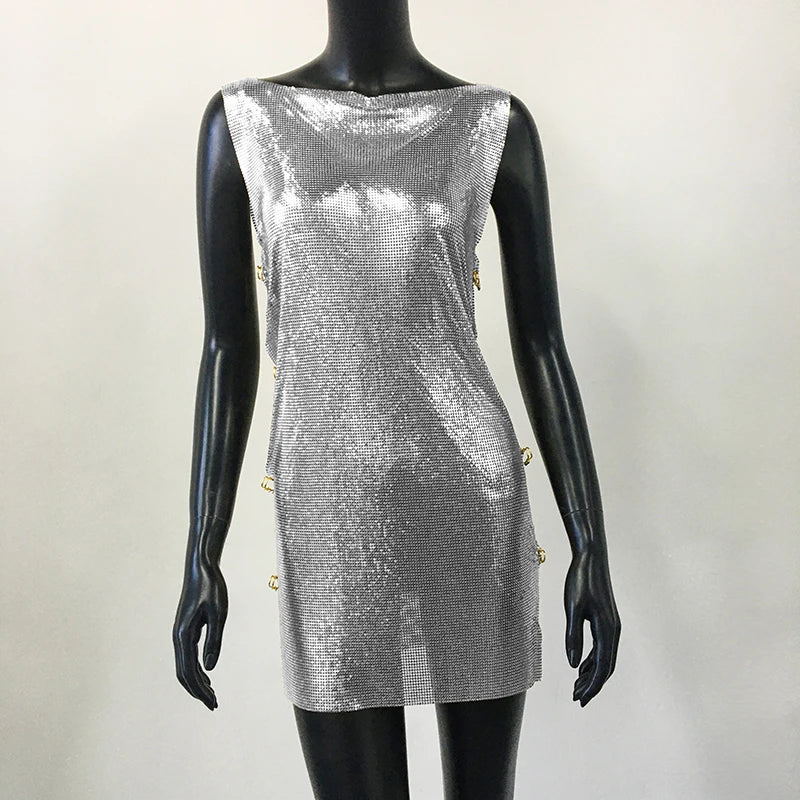 Y2K Metallic Sequins Mini Dress For Women Backless Clubwear