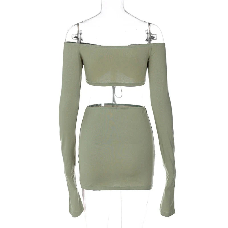 Women's Autumn Winter Long Sleeve Crop Top and Mini Skirt Two-Piece Matching Set Stylish Seasonal Outfit