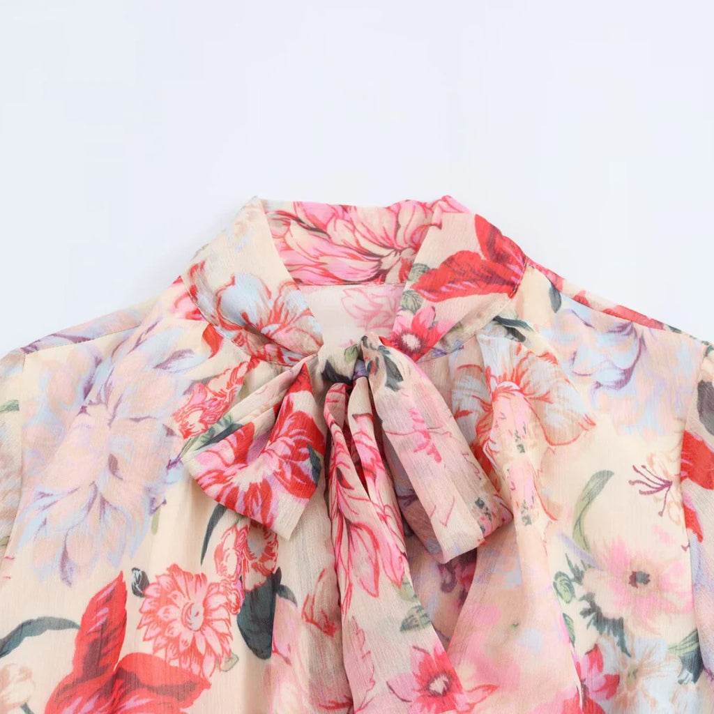 Floral Print Midi Dress With High Neck And Tie Front Belt