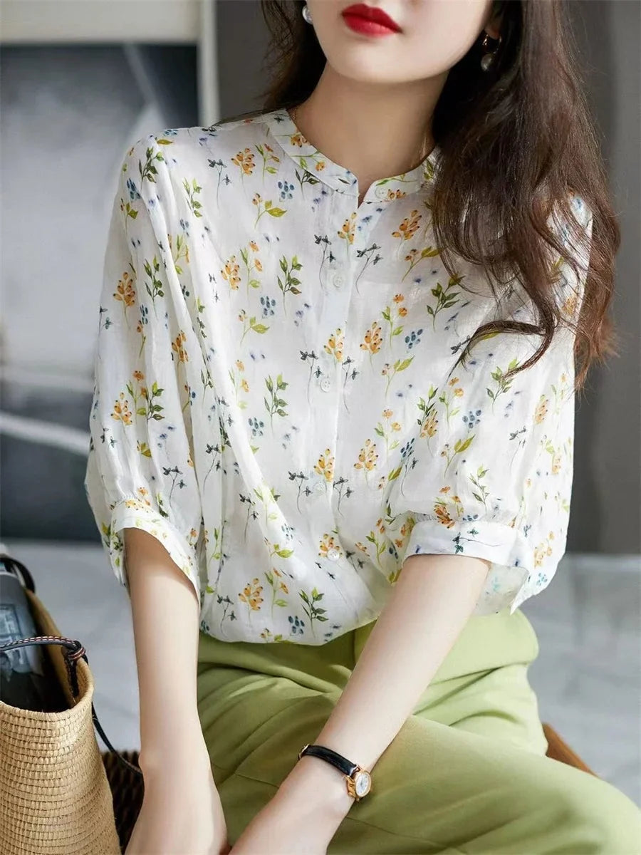 Women Casual Summer Blouse with Short Puff Sleeves and Stand Collar Featuring Elegant Flower Print