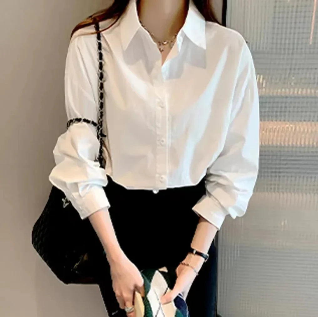 White Long Sleeve Blouse for Women Casual Loose Fit Office Shirt Simple Elegant Workwear Top
