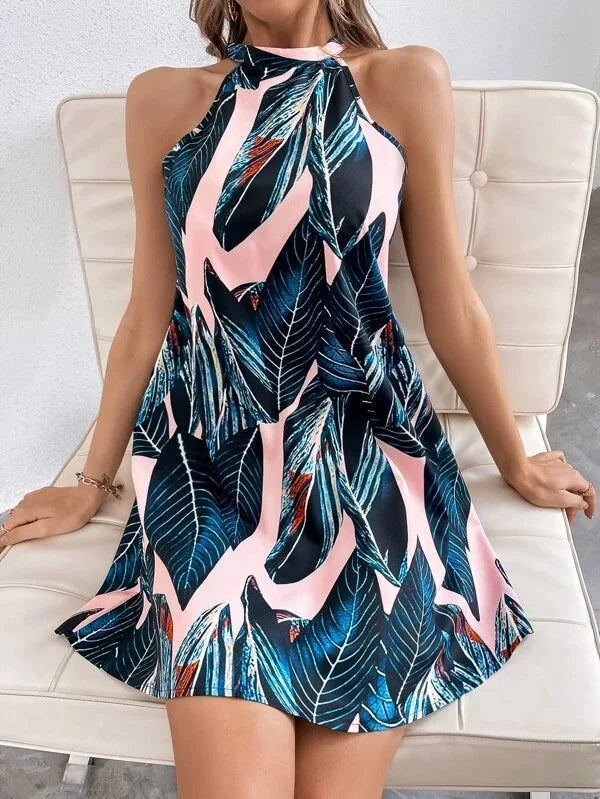 Open Back Sleeveless Summer Print Dress for Beach Vacation