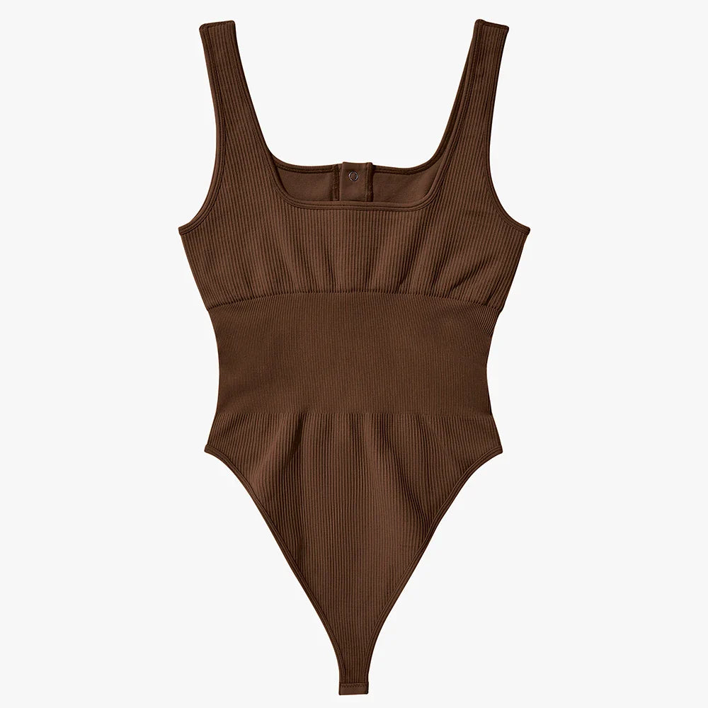 Women's Button Front Square Neck Ribbed Sleeveless Skinny Bodysuit Slimming Shapewear Casual Tank Top