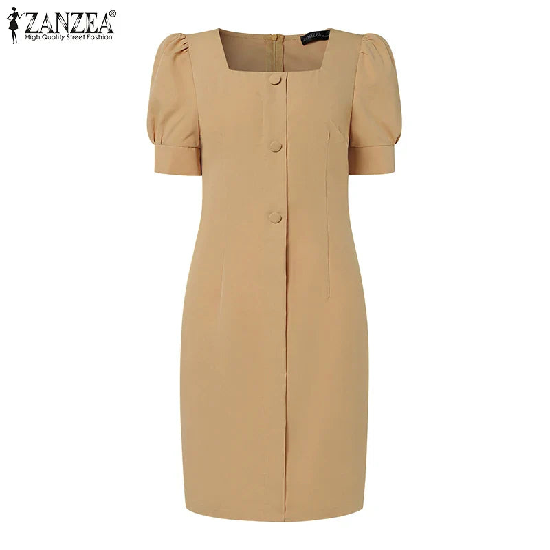 Puff Sleeve Square Collar Sheath Dress For Women Summer
