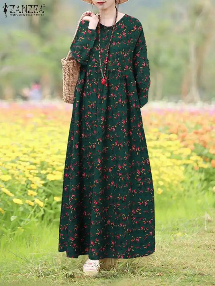 Boho Floral Print Maxi Dress With Long Sleeves Casual