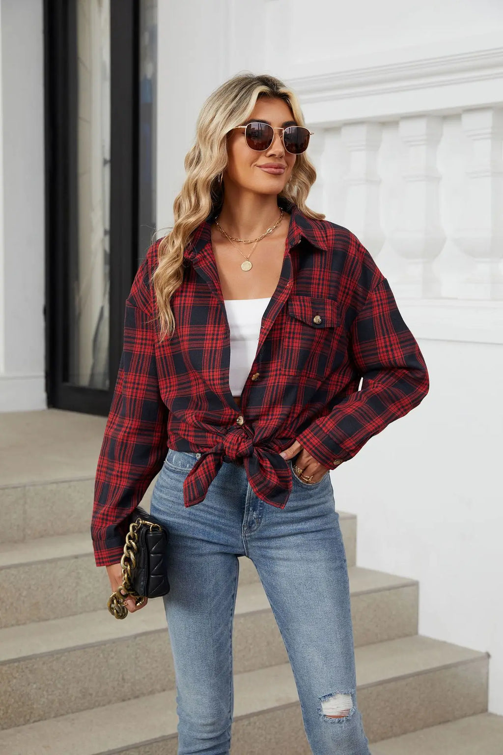 Women's Casual Plaid Button Up Blouse Long Sleeve Turn Down Collar Shacket Plus Size Loose Fit Streetwear Top