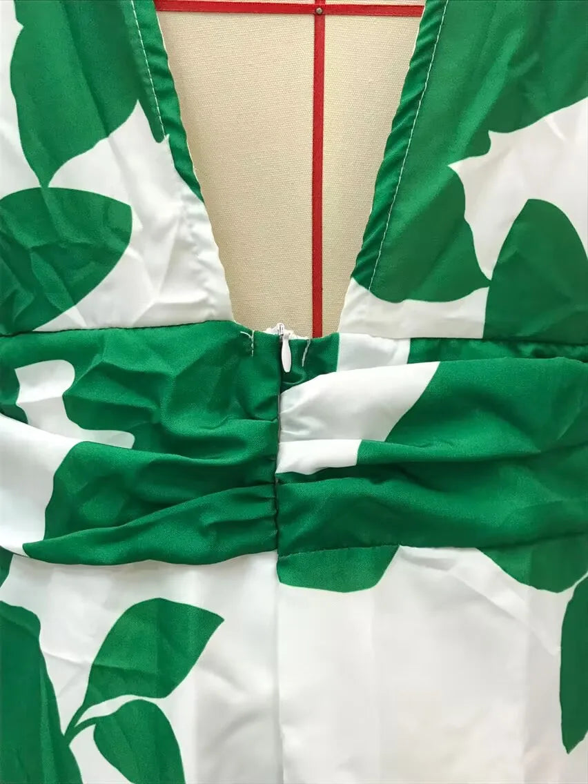 Printed Womens V Neck Lantern Sleeve Long Evening Dress