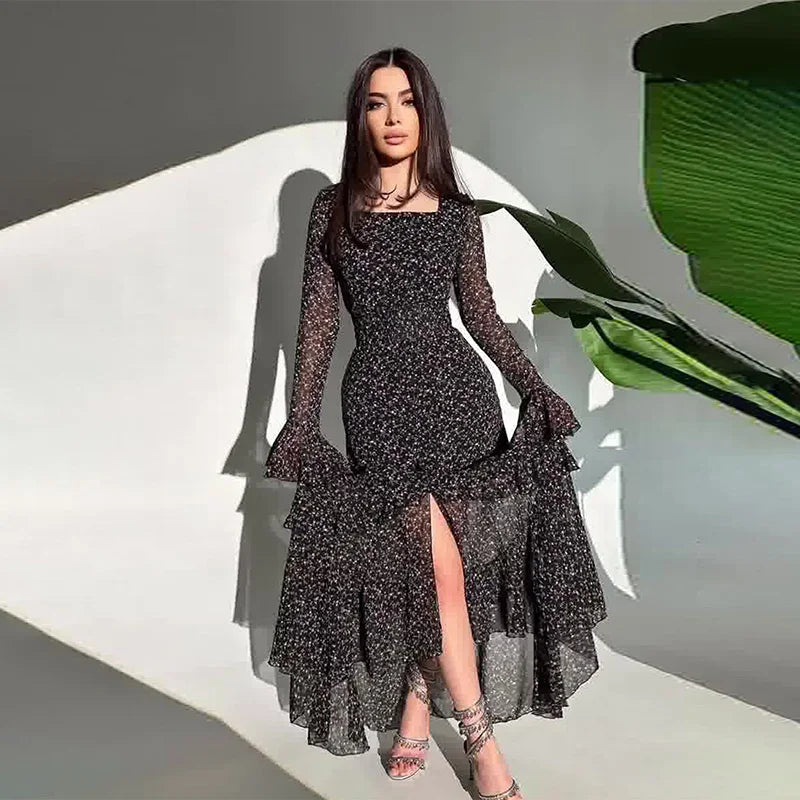 Elegant Printed Chiffon Maxi Dress With Lotus Sleeve Details