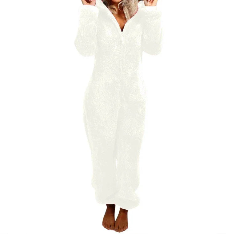 Women's One-Piece Hooded Jumpsuit Thickened Full-Length Overalls Cozy Autumn Winter Wear