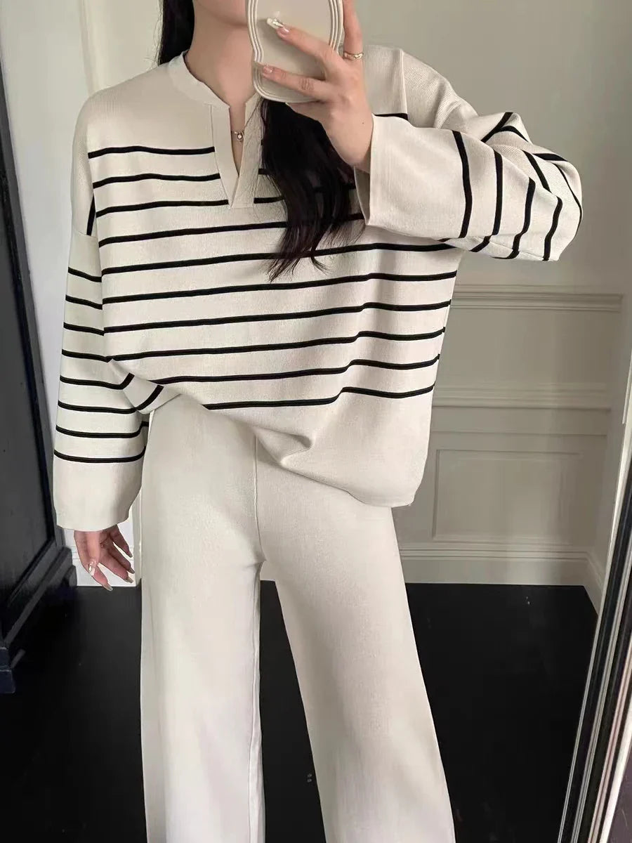 Women's Winter Sweater Set with Stripe Knit Pullover and Wide Leg Pants for Casual Elegance