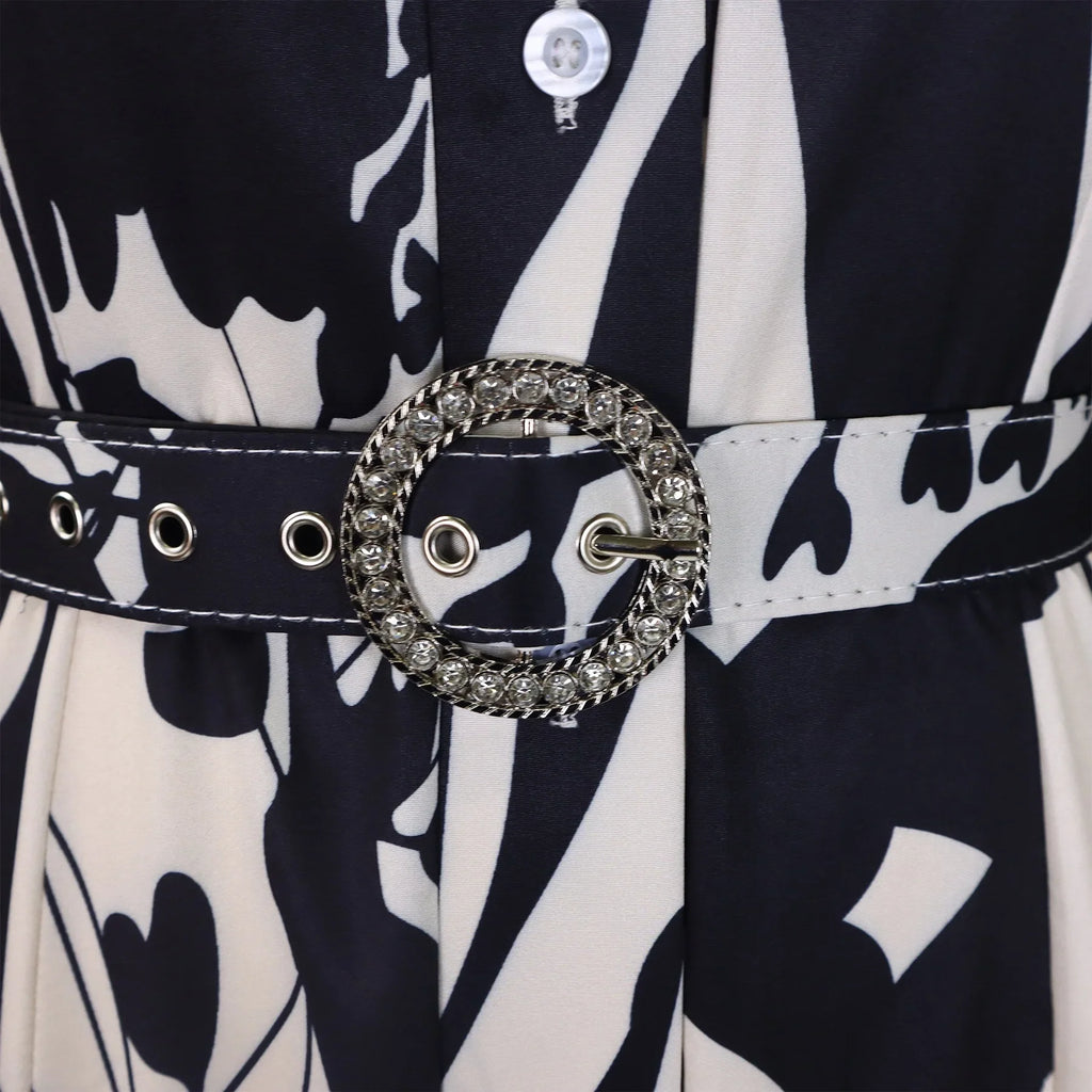 Printed Dress For Women Elegant Turn Collar Ankle Length