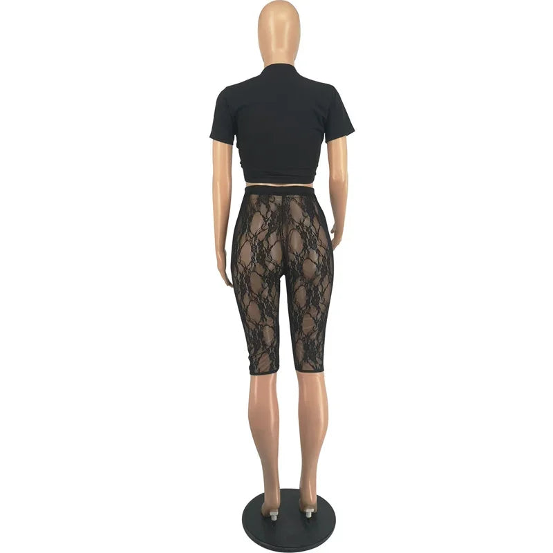 Sexy Lace Two Piece Set for Women with See-Through Crop Top and Knee Length Leggings Ideal for Party and Clubwear