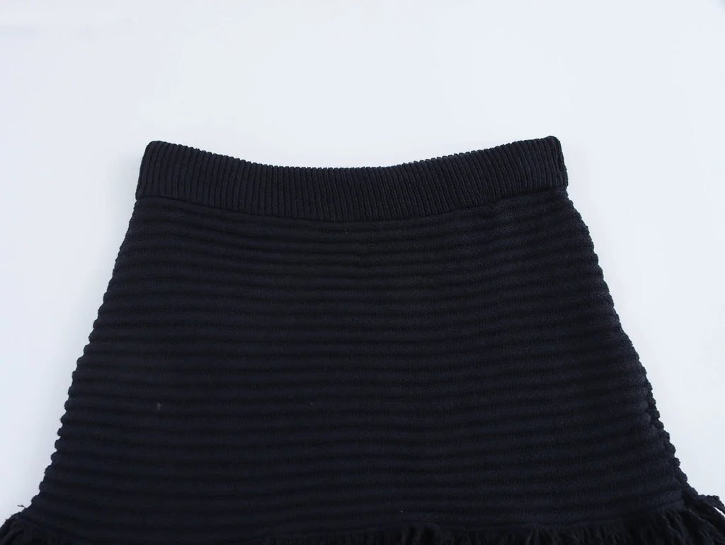 Women's Spring Tassel Plaid Lapel Knitted Jacket with Long Sleeves and High Waisted Knitted Skirt Set