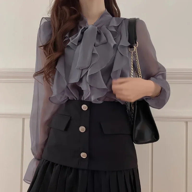 Chic Korean Style Chiffon Blouse for Women with Sweet Bow Tie Long Sleeve Office and Casual Tops Lightweight Summer Shirt