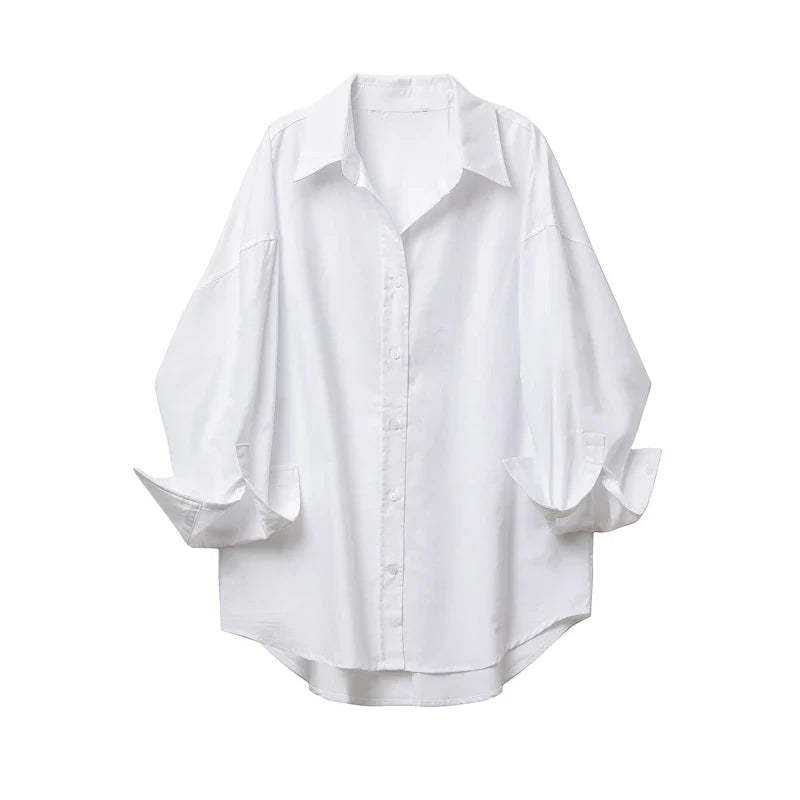 Women's Loose Fit Oxford Long Sleeve Shirt with Lapel Collar Elegant Vintage Blouse for Office and Fall Wear