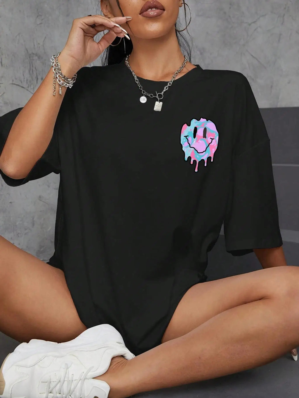 Funny Smile Face Print Cotton T-Shirt for Women Casual Streetwear Tee