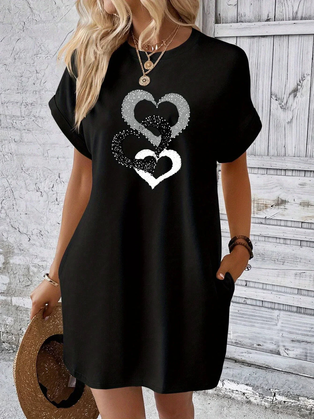 Heart Print Pocket Dress For Women Casual Summer Wear