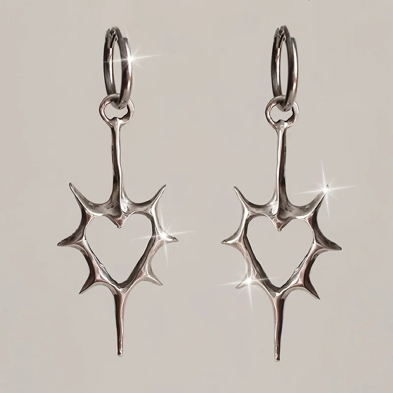 Retro Gothic Thorn Heart Design Earrings with Spikes - Unique Heart-Shaped Earrings for Holiday Parties and Gifts