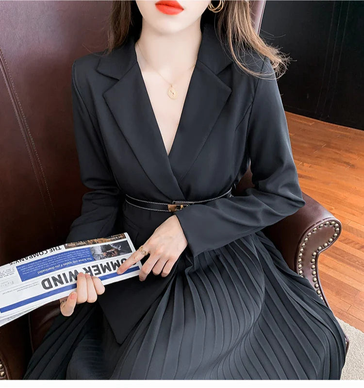 Faux Two Piece Dress With Blazer Collar Pleated Skirt