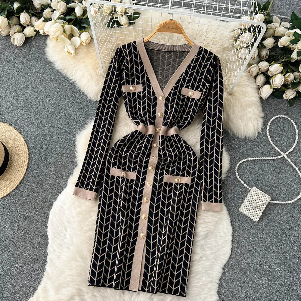 Autumn Plaid Knit Dress Women V Neck Elastic Waist Midi