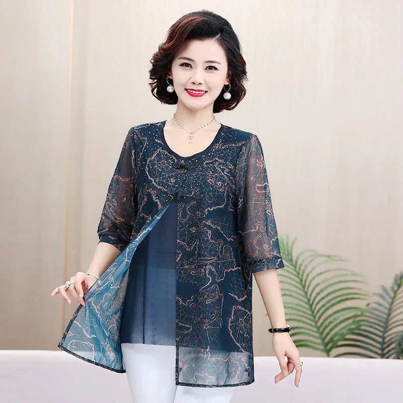 Women's Summer Shirt Casual Loose Fit Fake Two-Piece Printed Top for Middle-Aged and Elderly