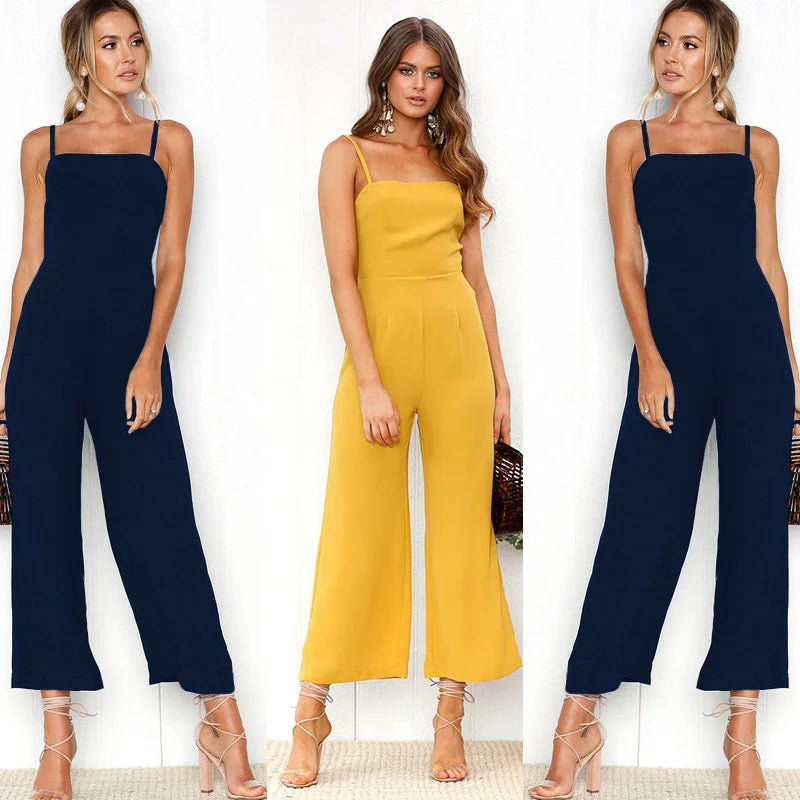 Women Sleeveless Bib Dungarees Jumpsuit Casual Loose Fit Solid Color Wide Leg Overalls with Spaghetti Straps for Autumn