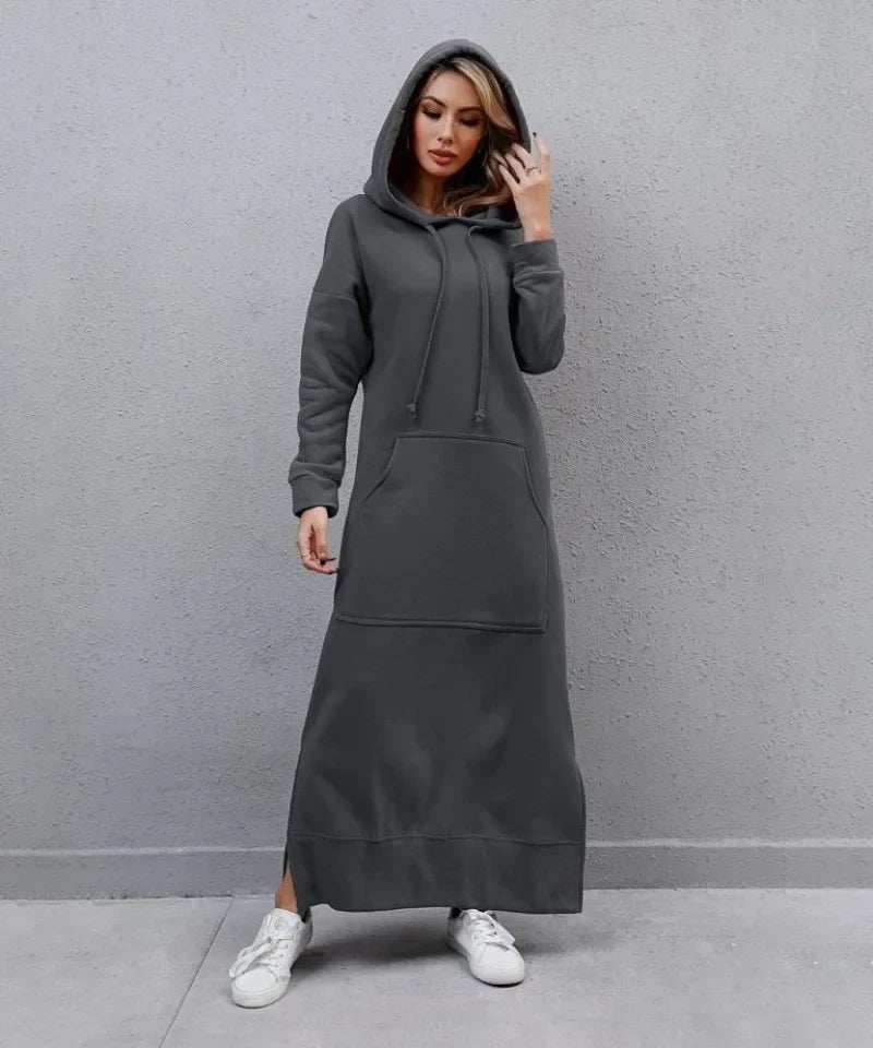Cozy Knitted Hooded Long Dress With Large Pocket Women
