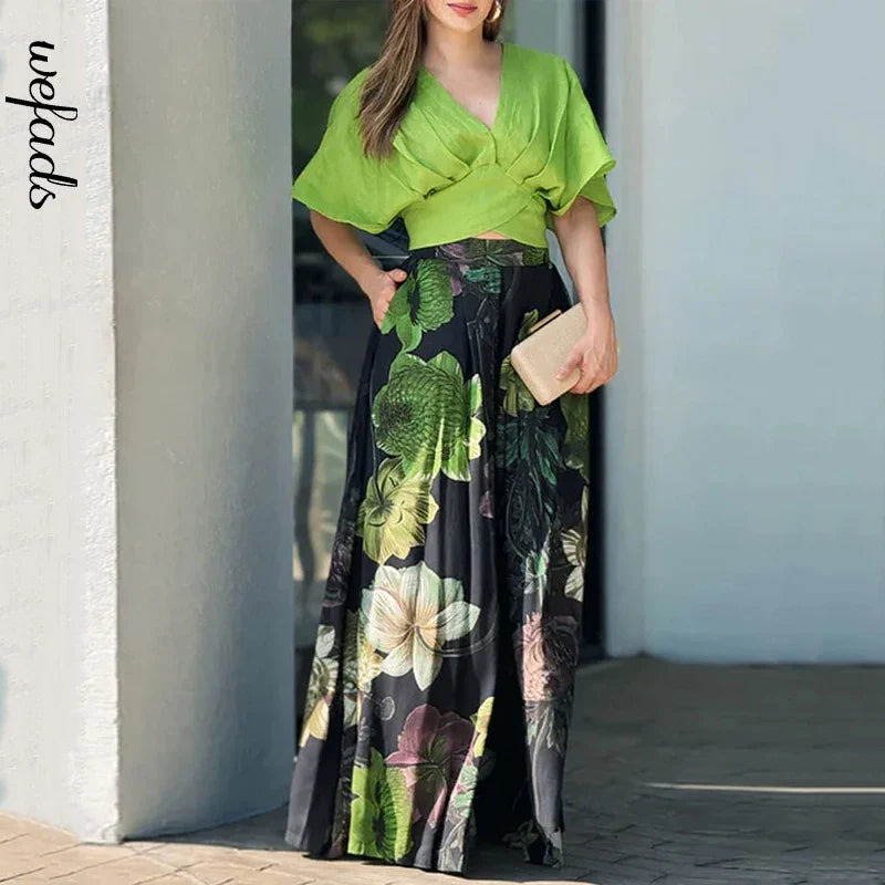 Casual Solid V Neck Short Sleeve Pullover Top and Wide Leg Pant Set for Women