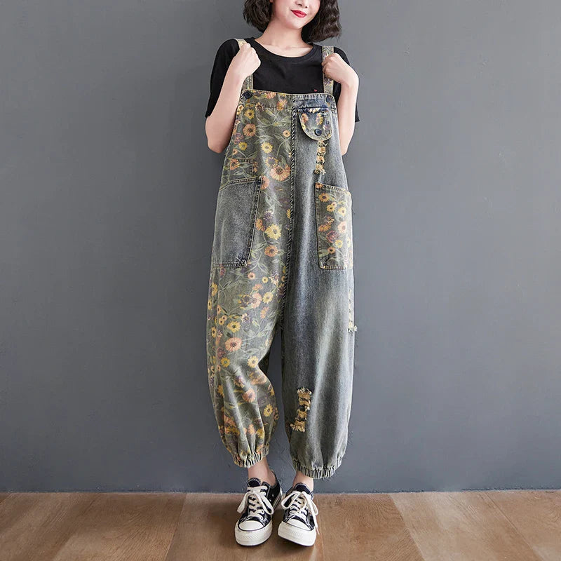 Casual Oversized Floral Print Denim Overalls for Women Loose Wide Leg Mom Jeans Romper Jumpsuit with Cargo Straps Baggy Pants