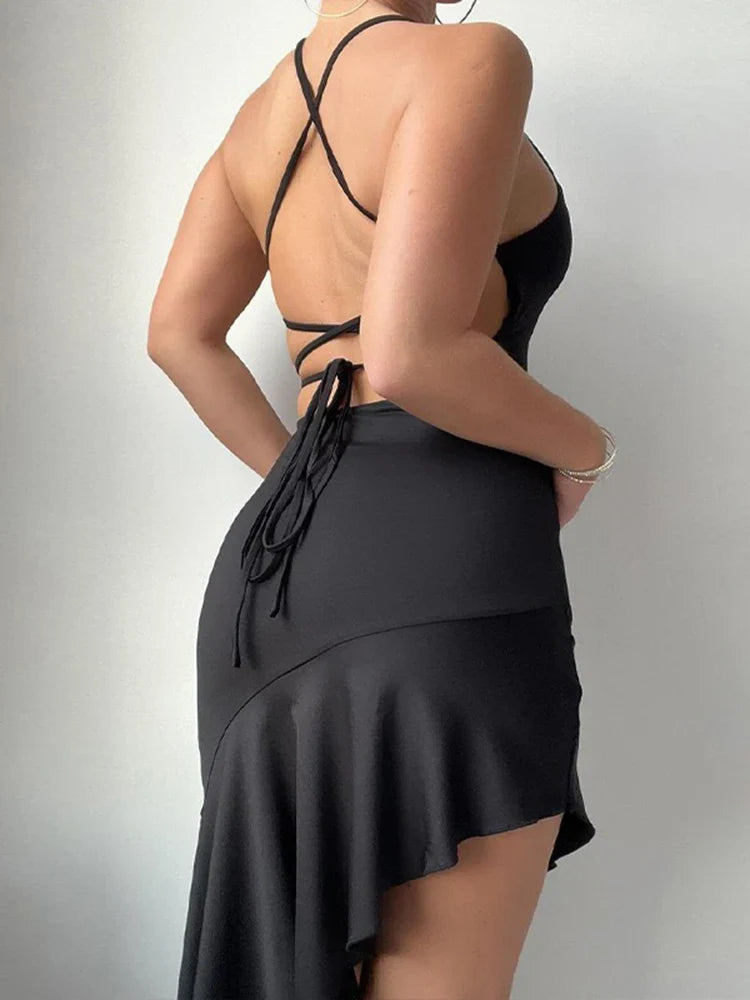 Lace Up Back Dress Summer Solid Color Evening Party Dress