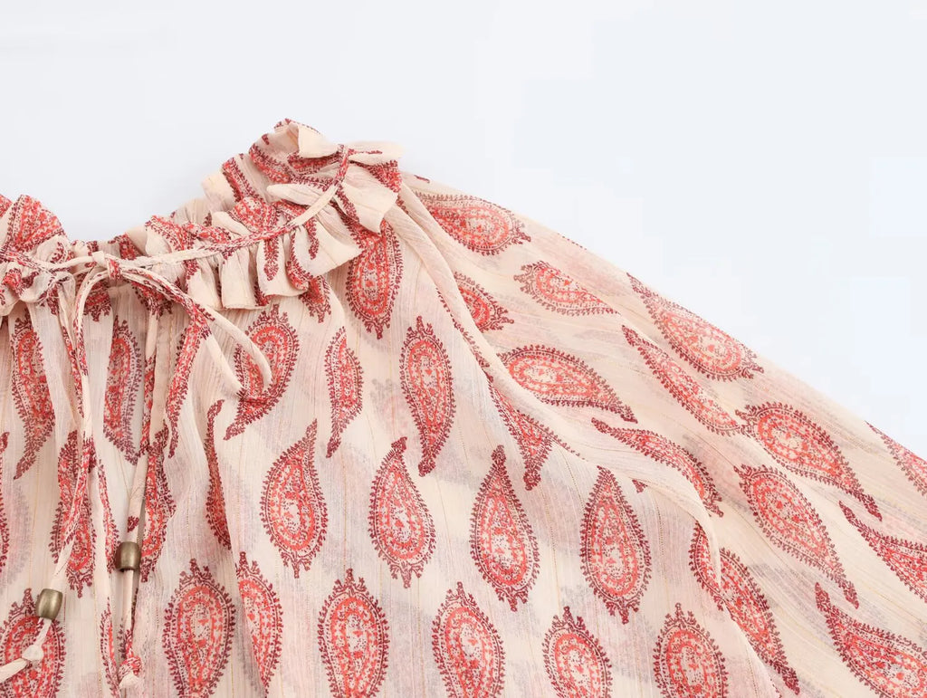 Womens Printed Shirt with Metallic Thread Ruffle Collar Drawstring Long Sleeve Single Breasted Chic Top