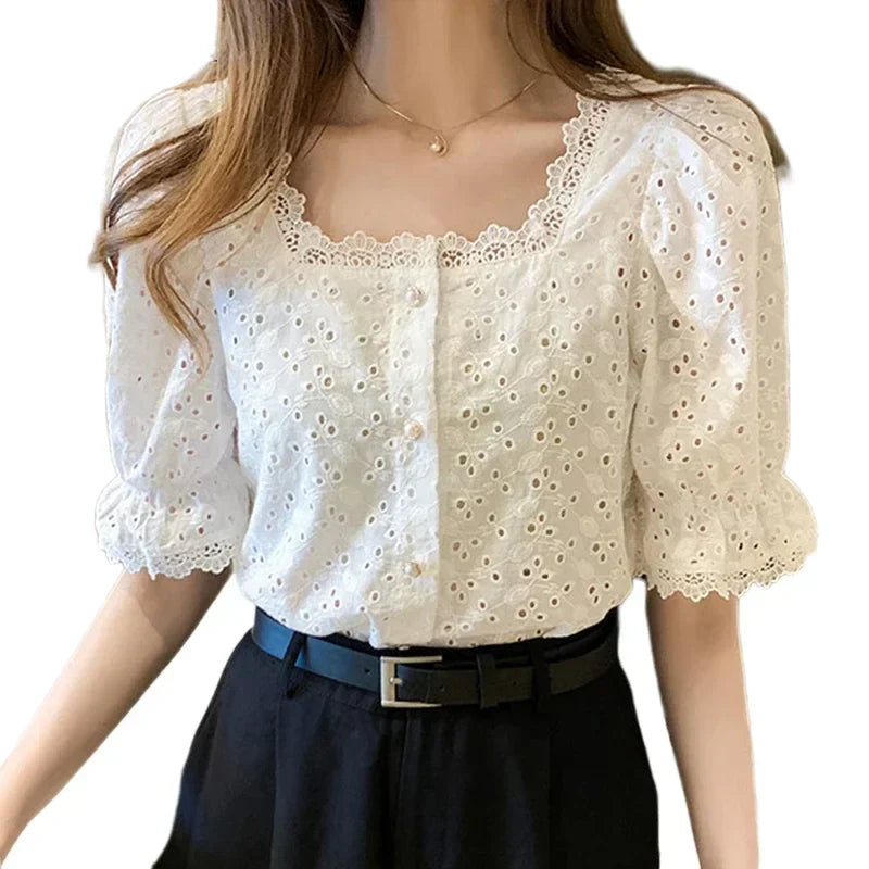 Elegant White Lace Blouse for Women Short Sleeve Square Collar Hollow Out Summer Shirt Chic and Breathable Feminine Top
