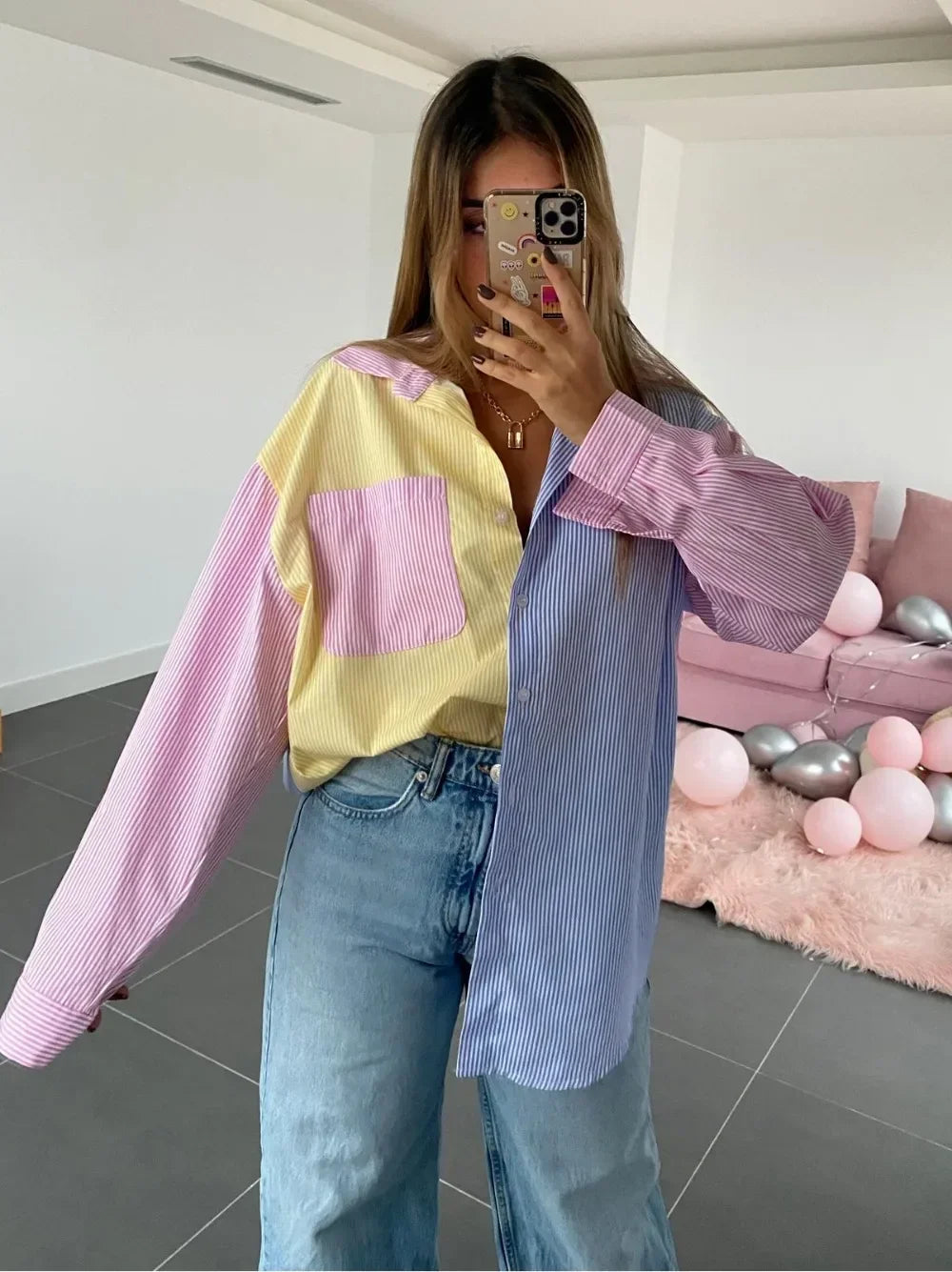 Women Casual Colorblock Striped Long Sleeve Button Up Tunic Shirt with Turn Down Collar Daily Wear Top