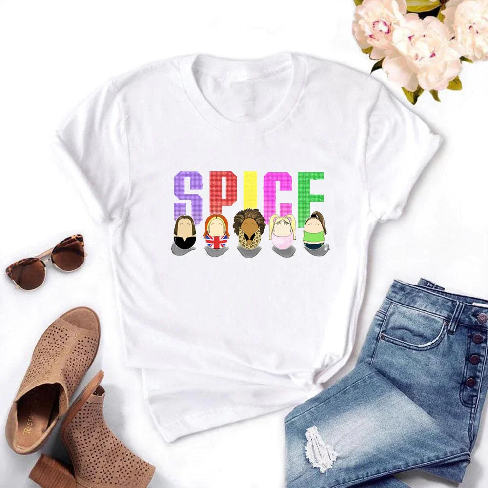 Spice Girls Cartoon T Shirt for Women Short Sleeve Anime Print Tee Stylish Casual Top